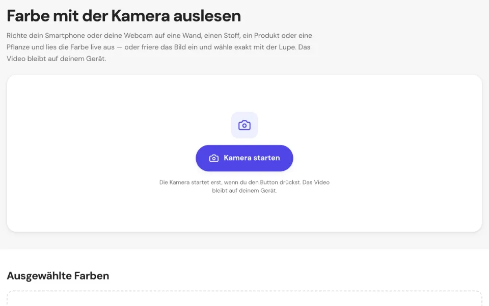 Die Kamera-Farbpipette mit dem Button „Kamera starten“