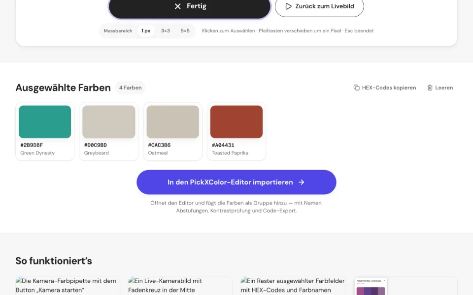 Ein Raster ausgewählter Farbfelder mit HEX-Codes und Farbnamen