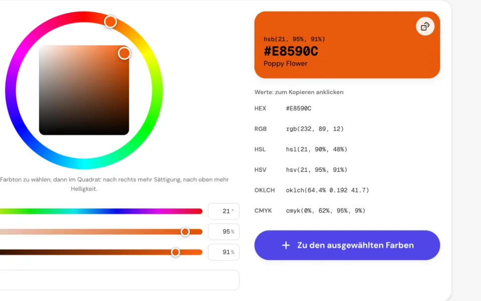 Die gewählte Farbe mit HSB-Wert, Namen und HEX-, RGB-, HSL-, HSV-, OKLCH- und CMYK-Werten
