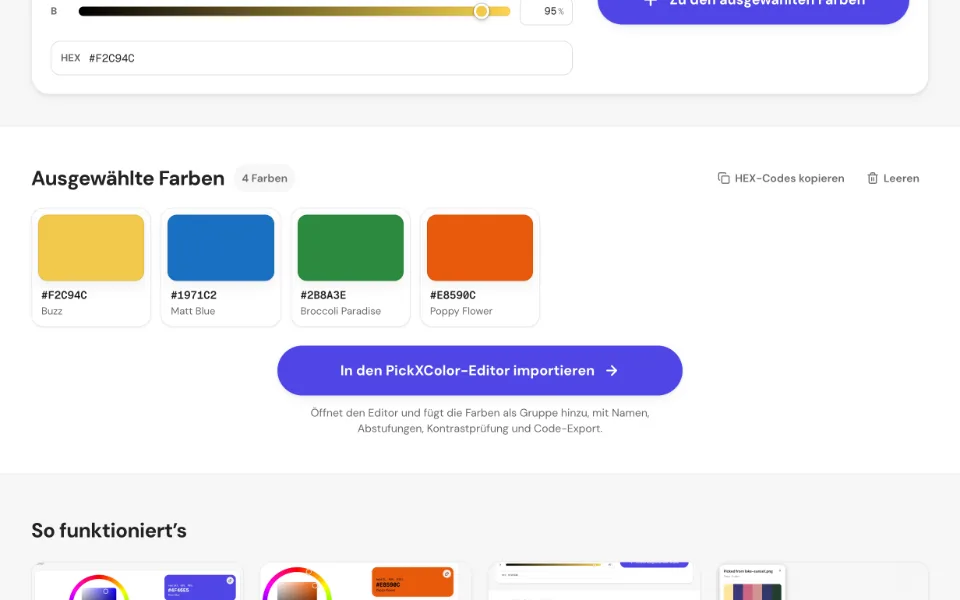 Ein Raster ausgewählter Farbfelder mit HEX-Codes und Farbnamen