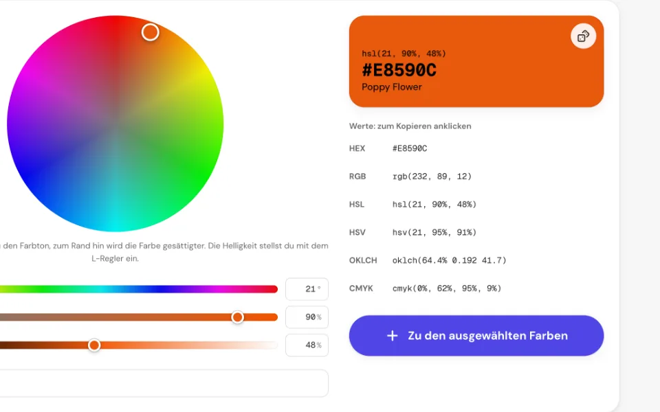 Die gewählte Farbe mit hsl()-Wert, Namen und HEX-, RGB-, HSL-, HSV-, OKLCH- und CMYK-Werten