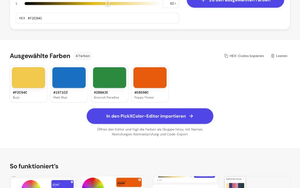 Ein Raster ausgewählter Farbfelder mit HEX-Codes und Farbnamen