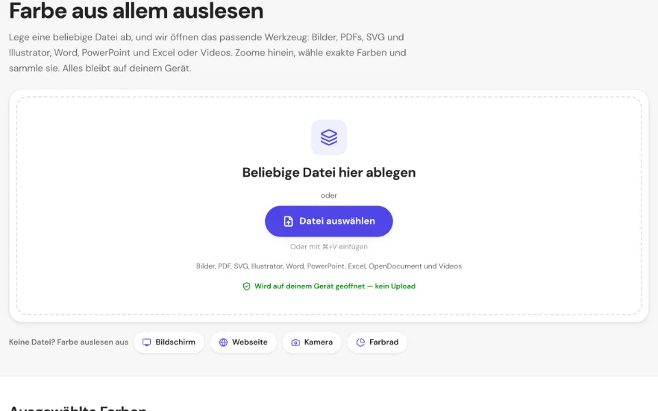 Die Seite „Farbe auslesen“ mit einer großen Ablagefläche für jede Datei