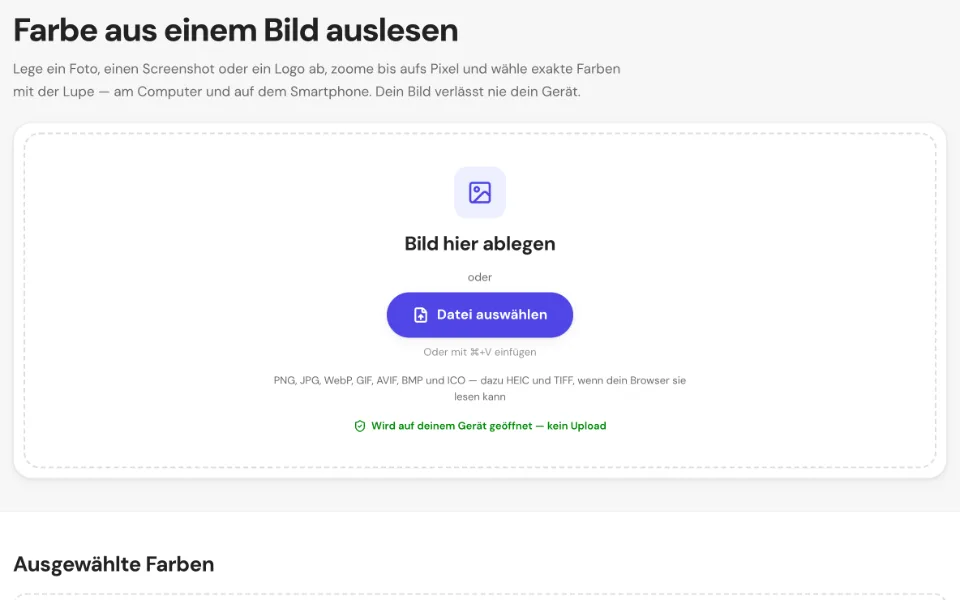Die leere Bild-Farbpipette mit Ablagefläche und dem Button „Datei auswählen“