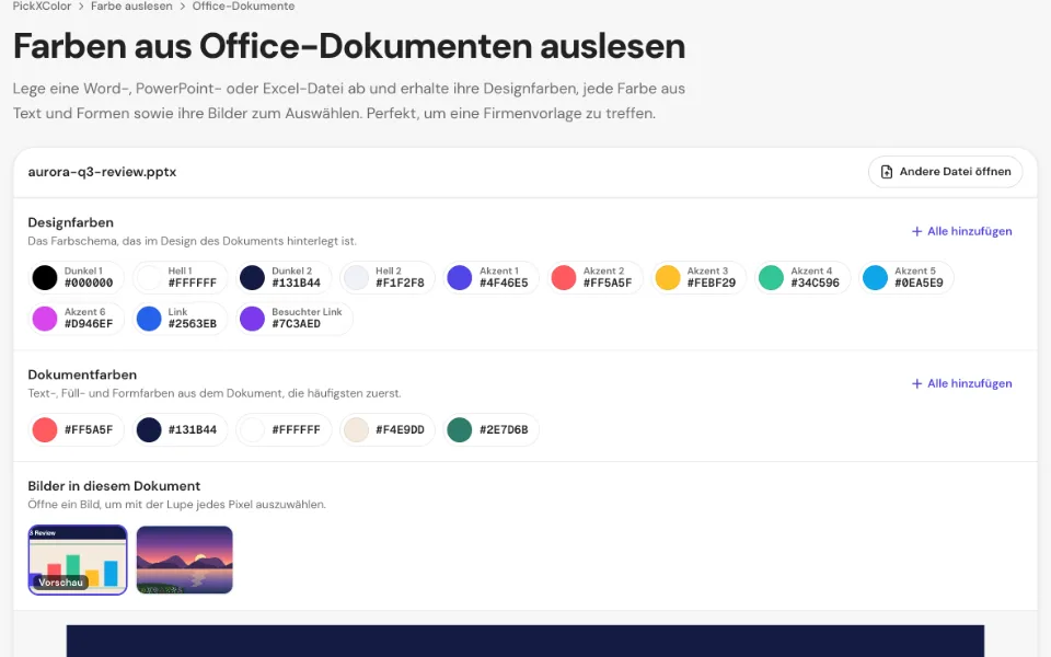Die Designfarben und Dokumentfarben einer Präsentation als beschriftete Farbfelder