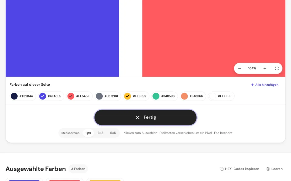 Die Farben der PDF-Seite als Farbfelder, darunter die ausgewählten Farben