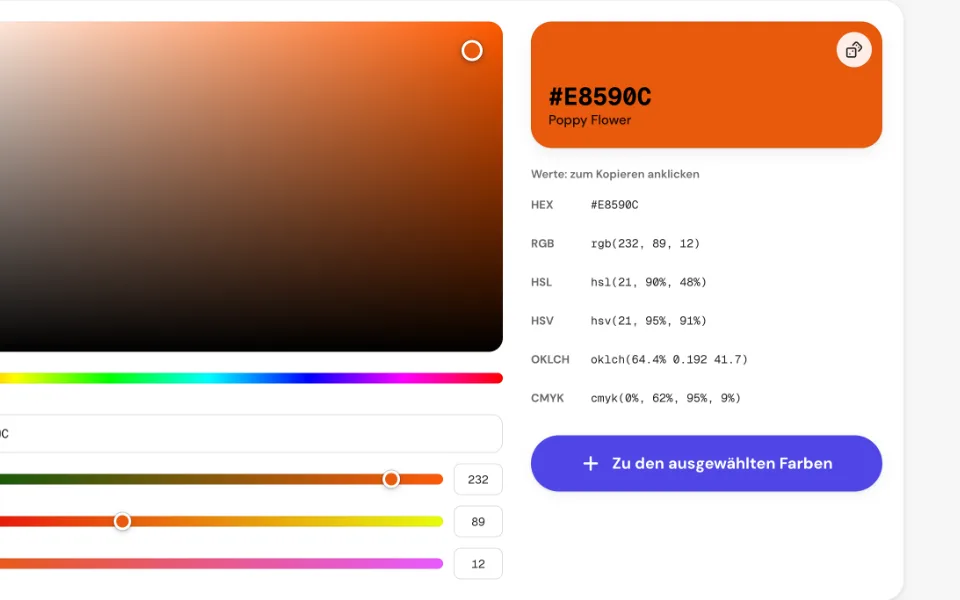 Die gewählte Farbe groß mit Namen und der Liste der HEX-, RGB-, HSL-, HSV-, OKLCH- und CMYK-Werte