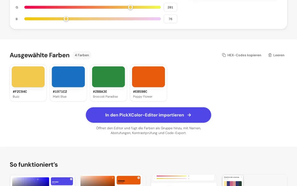 Ein Raster ausgewählter Farbfelder mit HEX-Codes und Farbnamen