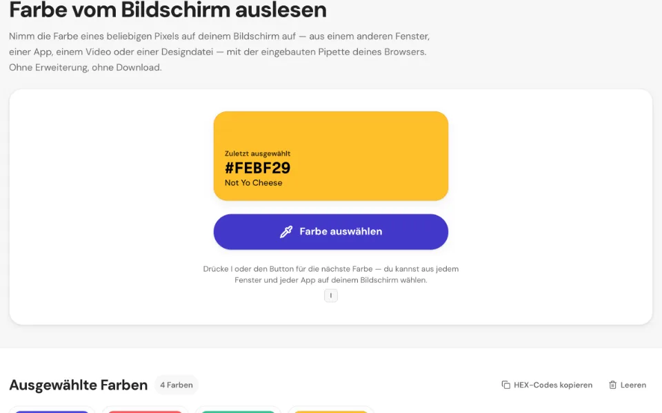 Die zuletzt ausgewählte Farbe groß mit HEX-Code und Namen