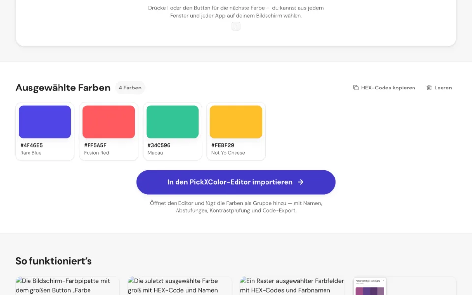 Ein Raster ausgewählter Farbfelder mit HEX-Codes und Farbnamen