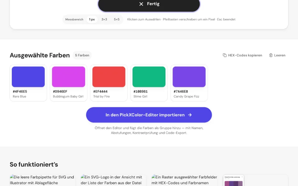 Ein Raster ausgewählter Farbfelder mit HEX-Codes und Farbnamen