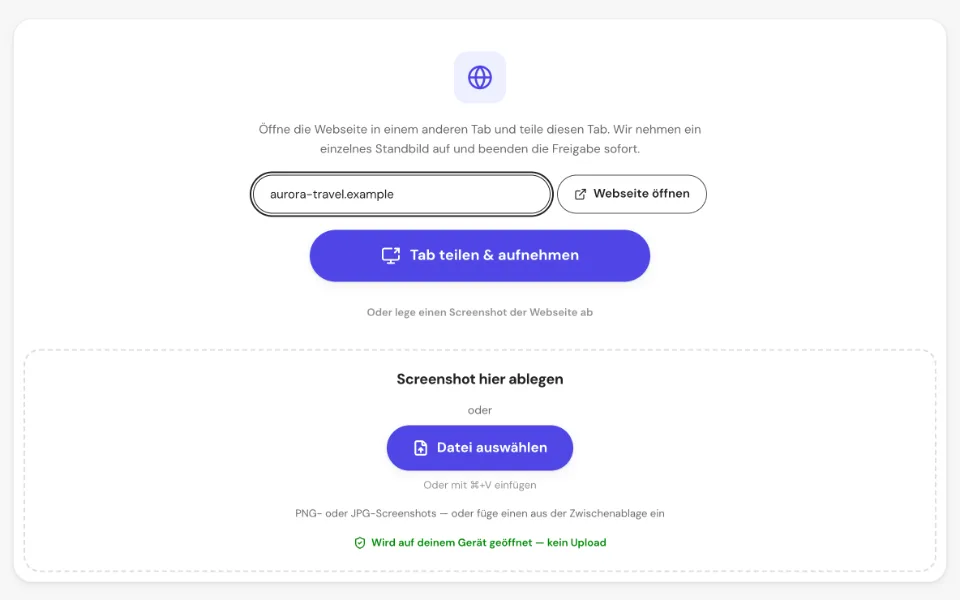 Die Webseiten-Farbpipette mit Adressfeld und dem Button „Tab teilen & aufnehmen“