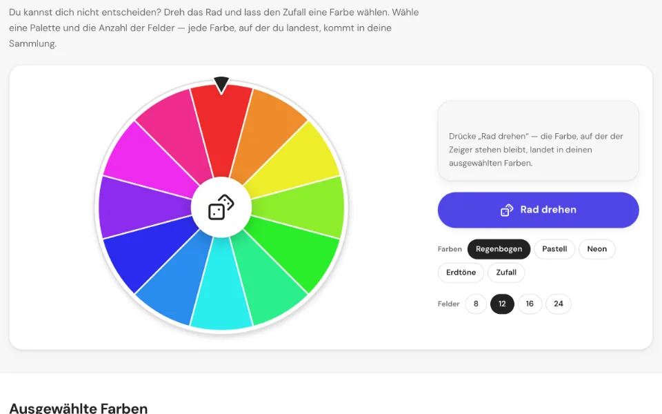 Ein Farbrad mit zwölf Regenbogenfeldern und den Palettenoptionen