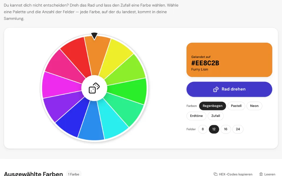 Das Rad nach dem Drehen mit der gelandeten Farbe groß angezeigt