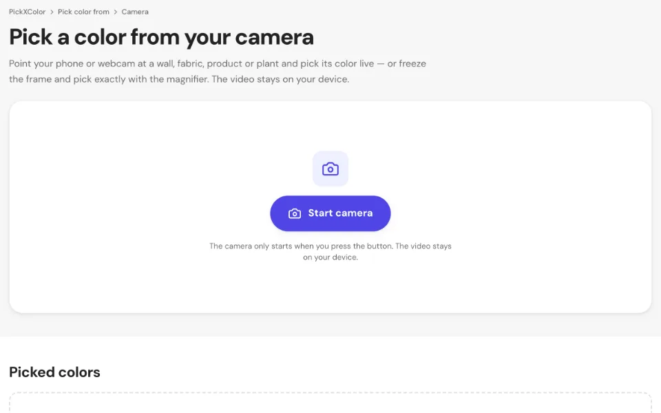 The camera color picker with the Start camera button