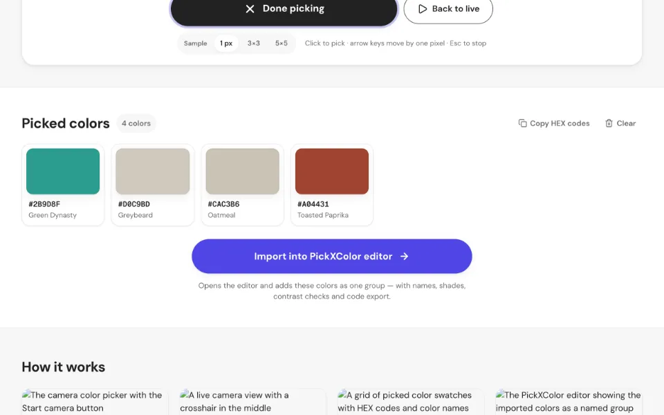 A grid of picked color swatches with HEX codes and color names