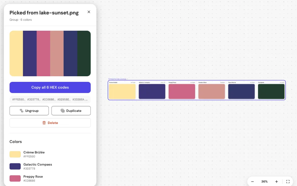 The PickXColor editor showing the imported colors as a named group of cards