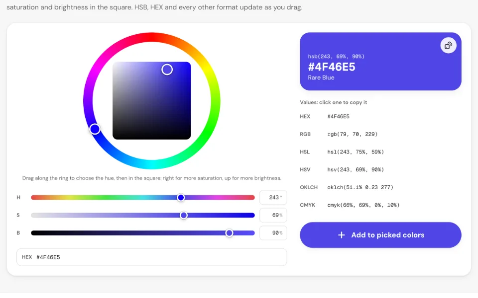 The HSB picker with a hue ring around a saturation and brightness square and sliders below