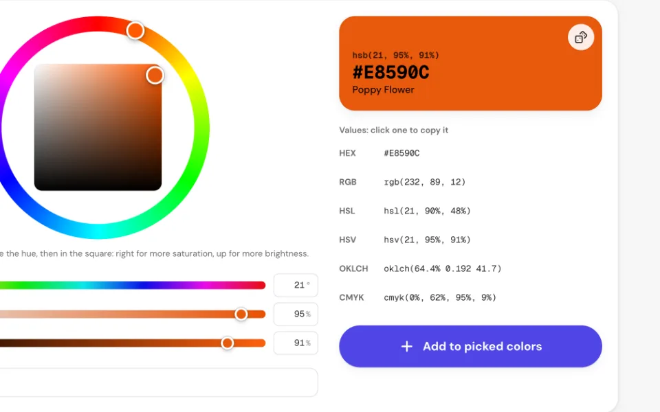 The chosen color with its HSB value, name and HEX, RGB, HSL, HSV, OKLCH and CMYK values