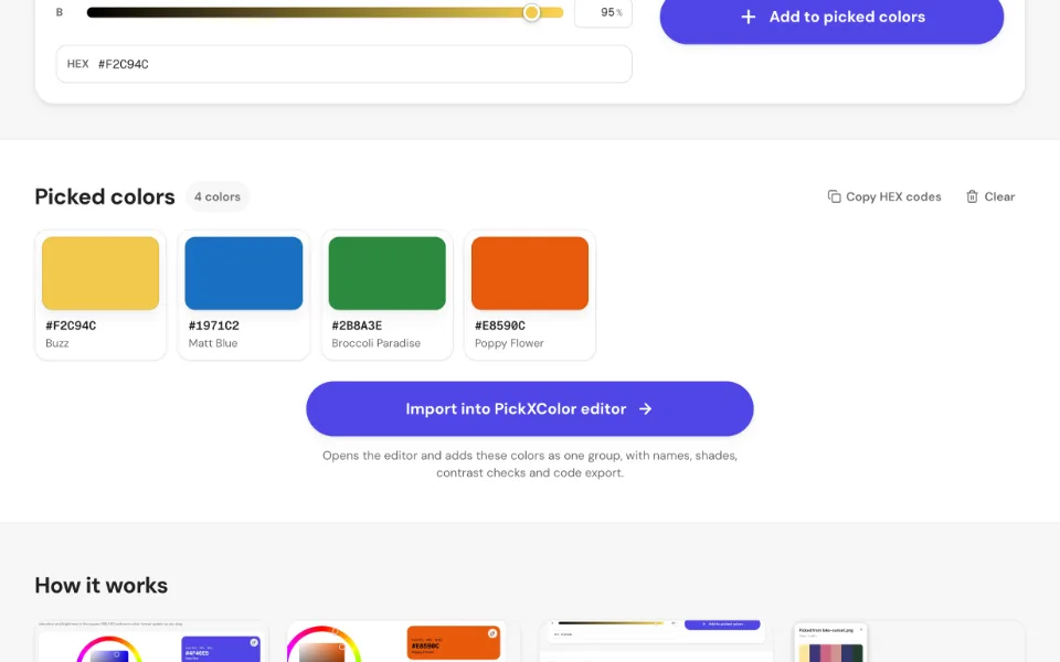 A grid of picked color swatches with HEX codes and color names