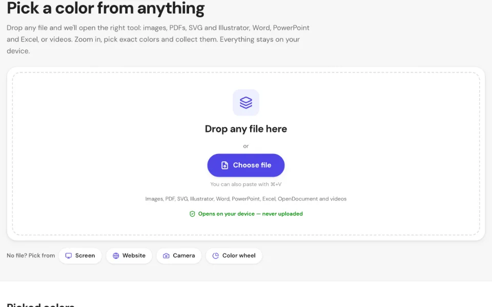 The Pick color from page with one large drop area for any file