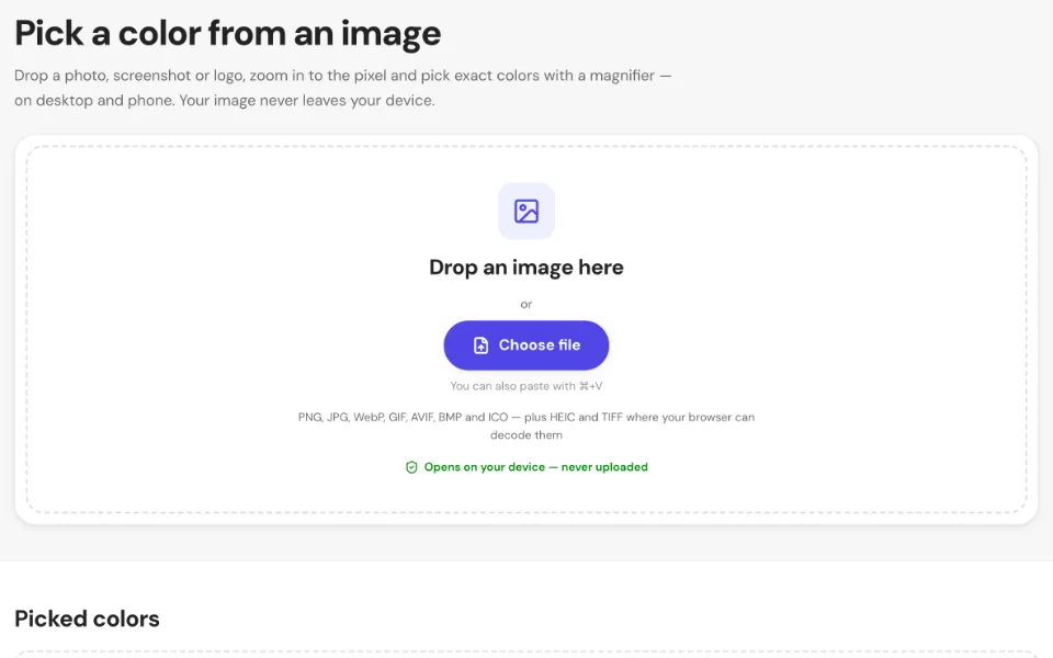 The empty image color picker with a drop area and a Choose file button