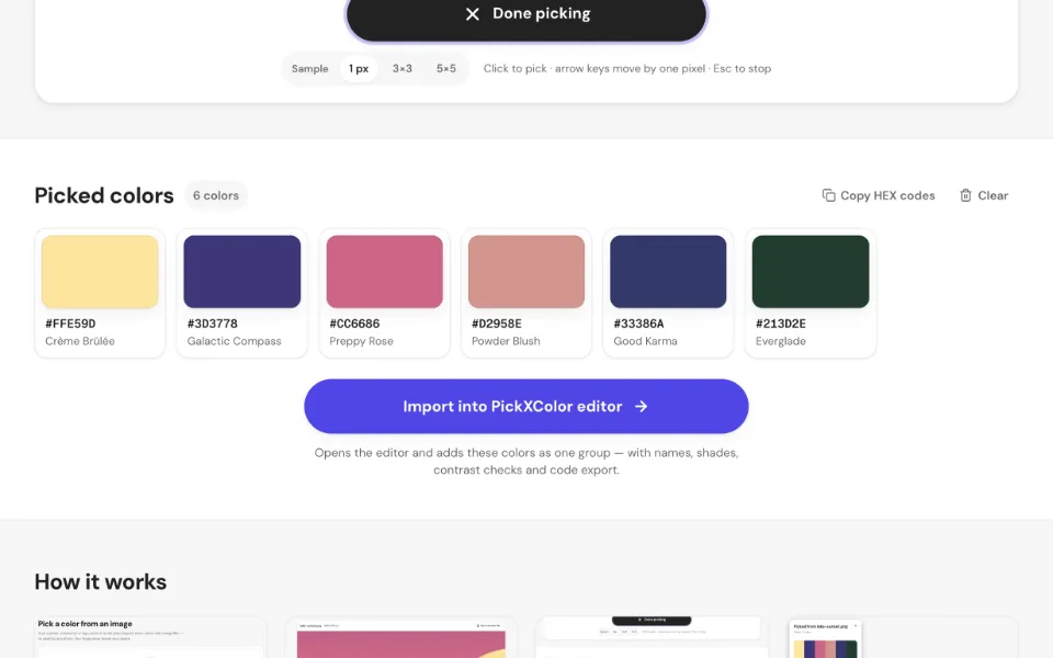 A grid of picked color swatches with HEX codes and color names