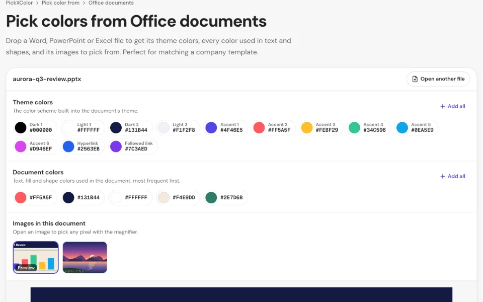 The theme colors and document colors of a presentation shown as labeled swatches