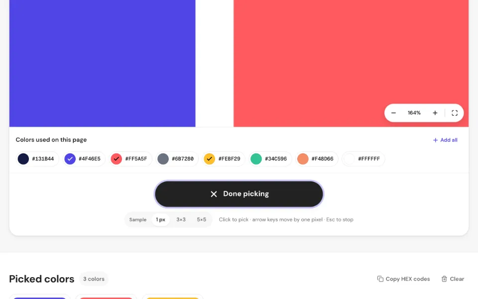The colors used on the PDF page listed as swatches, with picked colors below