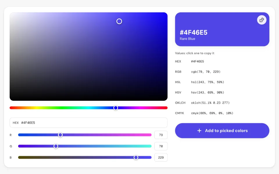 The color picker with a saturation and brightness field, a hue bar and RGB sliders