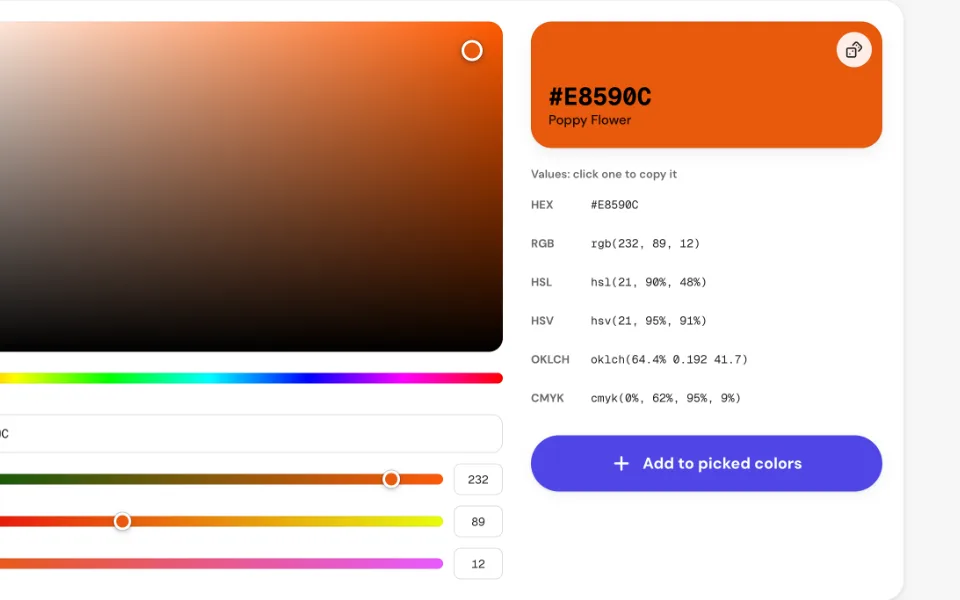 The chosen color shown large with its name and the list of HEX, RGB, HSL, HSV, OKLCH and CMYK values