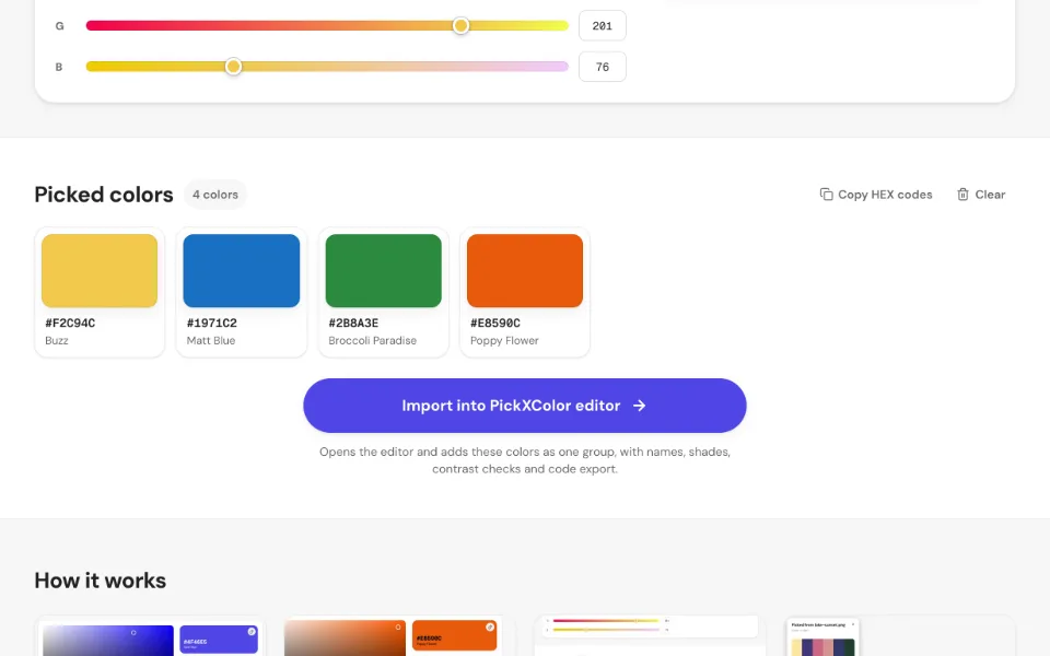 A grid of picked color swatches with HEX codes and color names