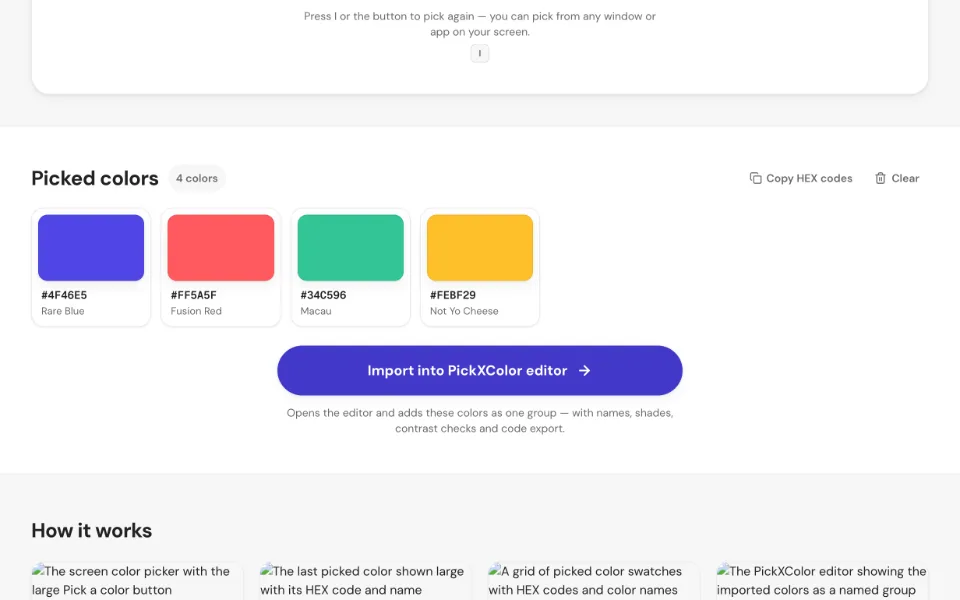 A grid of picked color swatches with HEX codes and color names