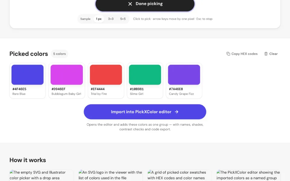 A grid of picked color swatches with HEX codes and color names