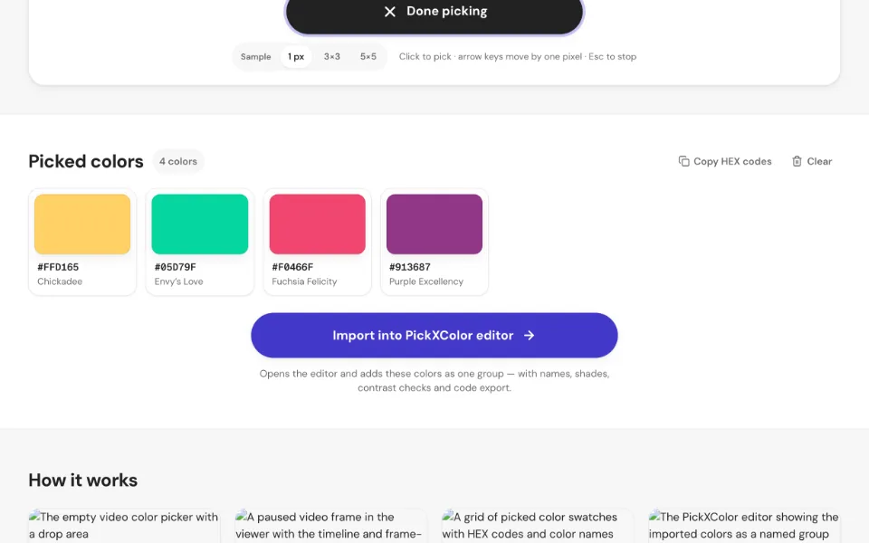 A grid of picked color swatches with HEX codes and color names