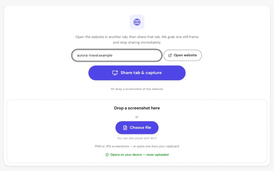 The website color picker with an address field and the Share tab & capture button