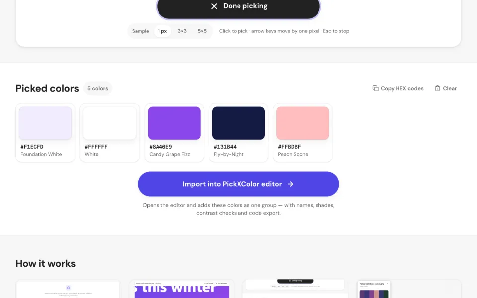 A grid of picked color swatches with HEX codes and color names