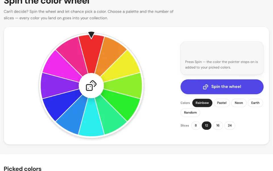 A color wheel with twelve rainbow slices and the palette options