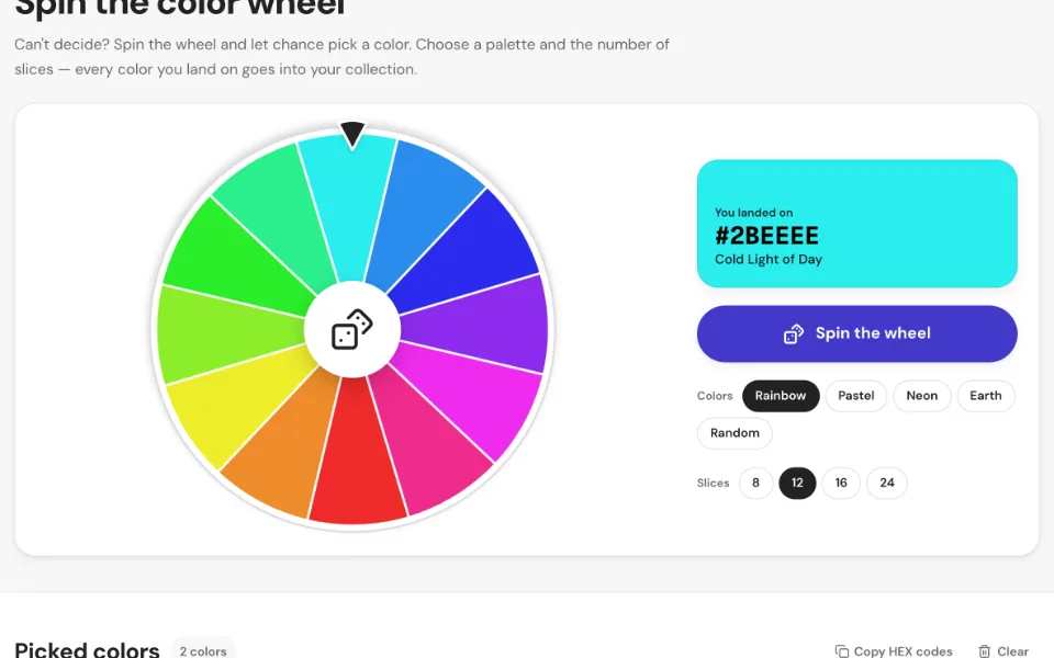 The wheel after a spin with the landed color shown large