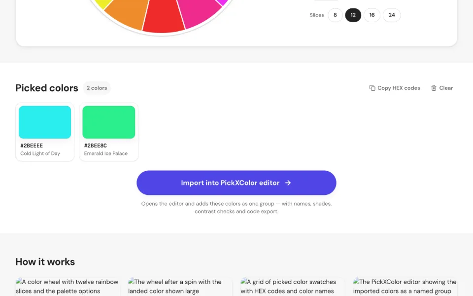 A grid of picked color swatches with HEX codes and color names